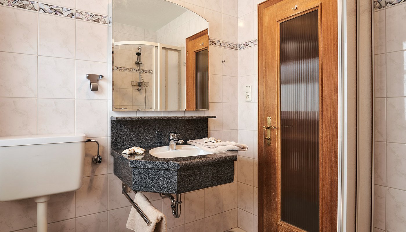 Bright bathroom with mirror, sink, shower and wooden door in Alpine-style design