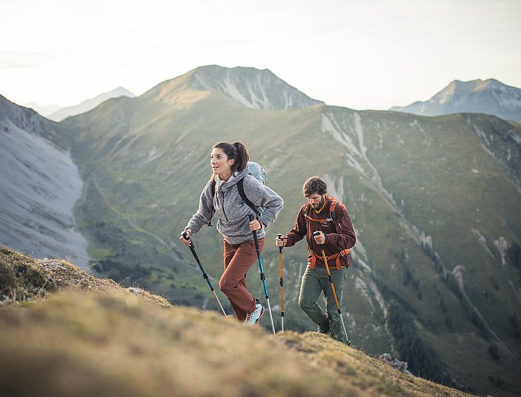 Two mountain hikers with poles on a steep trail with green mountain slopes