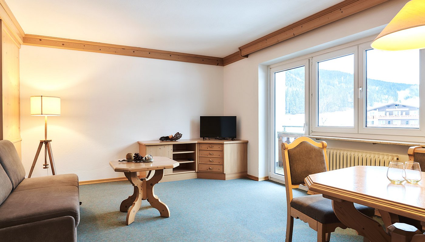 Living room with sofa bed, coffee table, TV corner and large window with a nature view